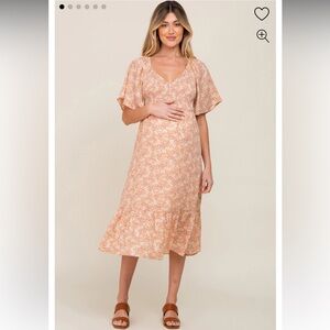 Peach Floral Smocked Maternity Midi Dress